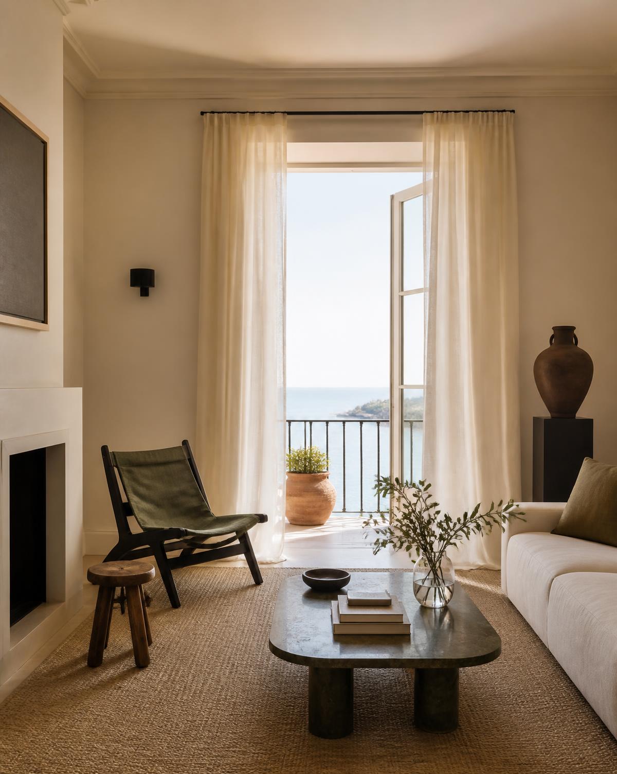Interior sofisticado com vista para o mar
